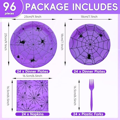 Purple Halloween Spider Web Disposable Dinnerware Set for 24 Guests