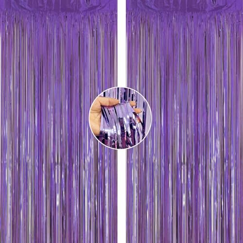 2 Pack Metallic Tinsel Fringe Curtains for Photo Booth Backdrop - 3.2ft x 8.2ft Purple