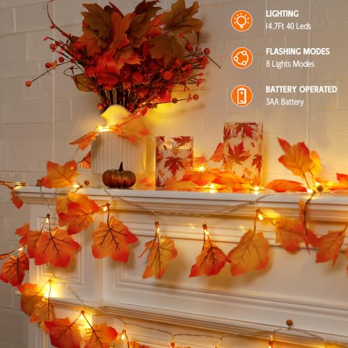 Fall Maple Leaf String Lights - 14.7FT 40 LED Battery-Operated Autumn Garland with Timer