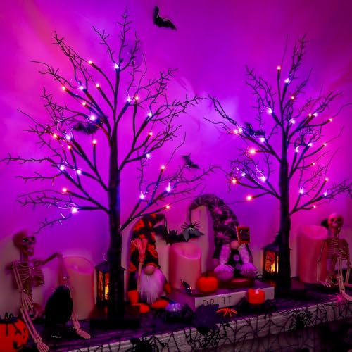 Halloween Black Tree with Orange & Purple Lights - 24 Inch Indoor Decor, Timer & USB Operated, Spooky Tabletop Decoration, 2 Pack