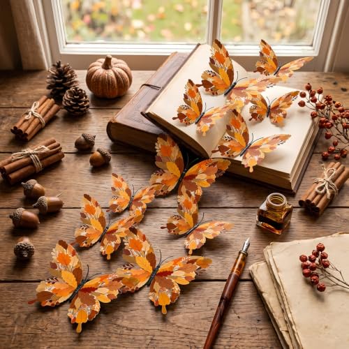 Fall 3D Butterfly Wall Stickers - 12 Pack Autumn Maple Leaf Decor for Halloween Thanksgiving