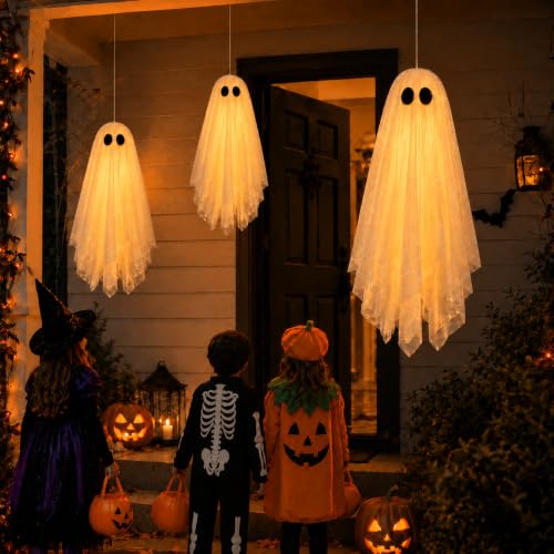3 Pack Hanging Ghost Decorations - White, 27.6 & 19.7 Inch, with Warm Glow, Remote Timer - Indoor & Outdoor Halloween Decor
