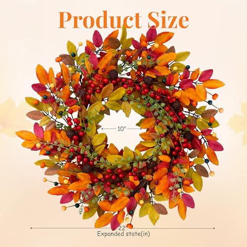 22 Inch Fall Berry Wreath for Front Door Outdoor Decor with Red Berries