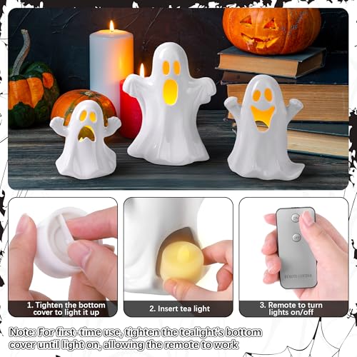 Halloween Ghost Decor Set with Remote Light-Up Ceramic Figurines & Tea Lights