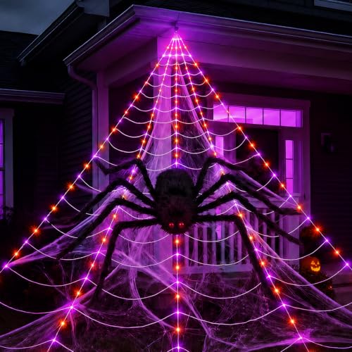 Halloween Spider Web Lights with 255 LEDs - Orange & Purple Outdoor Decoration