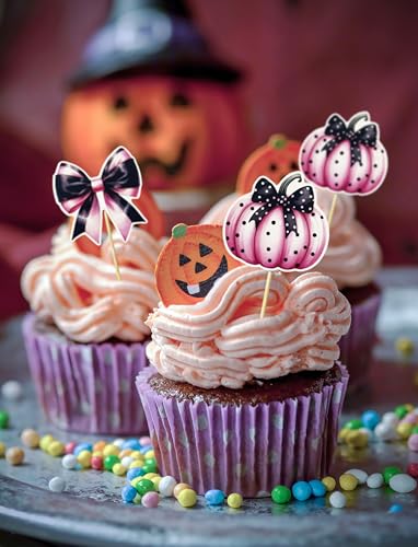 Halloween Cupcake Toppers Set - Pumpkin & Bow Cake Decorations, 36 Pcs