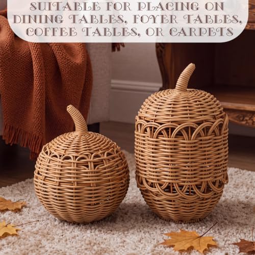 Set of 2 Woven Rattan Pumpkin Decor - Fall Wicker Centerpieces for Autumn and Thanksgiving