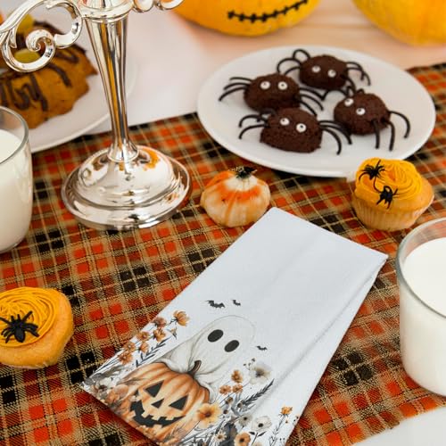 Halloween Pumpkin Kitchen Towels - Fall Floral Autumn Dish Hand Towel - 16x24 Inches - Rustic Decor - Halloween Pumpkin Variation