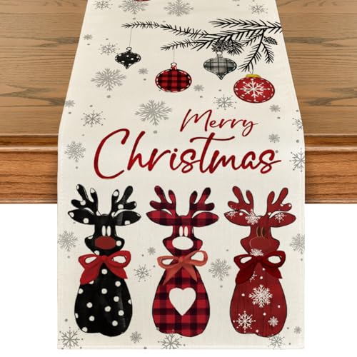 Red Deer Snowflakes Christmas Table Runner 13x72 Inch - Seasonal Holiday Decor