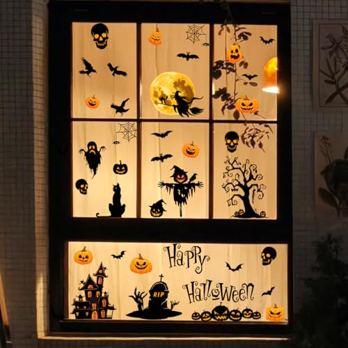 Halloween Window Clings - Happy Halloween Double-Sided Glass Decor - Reusable Vinyl Stickers