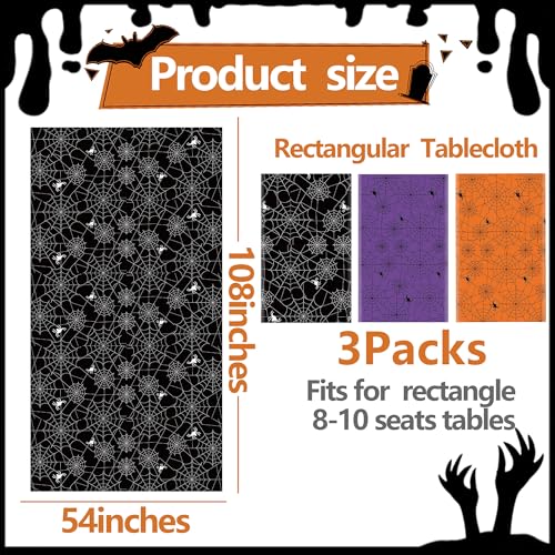 Halloween Spider Web Tablecloth Set - 3 Pack, Orange Black Purple, 54x108 Inches, Spider Web Design, Waterproof, Party Decor - Variation of Halloween Spiderweb