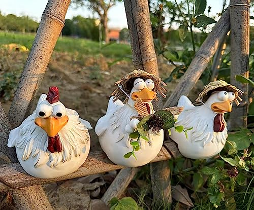 Ivory Resin Chicken Fence Decor Statues Set of 3 Outdoor Garden Sculptures
