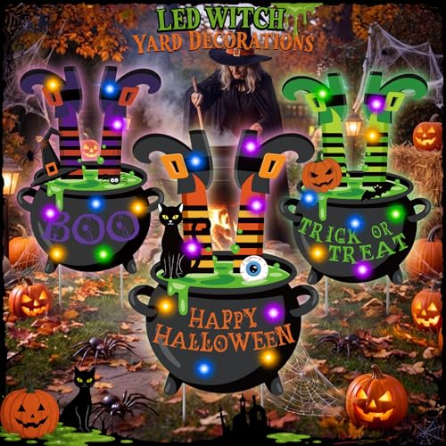 Halloween Lighted Witch Legs Yard Decor Set with Stakes - Spooky Outdoor Garden Decorations