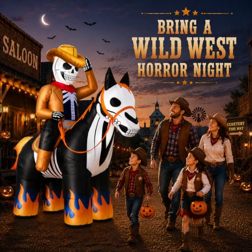 7FT Halloween Inflatable Skeleton Cowboy Riding Flame-Hoofed Horse Outdoor Decor