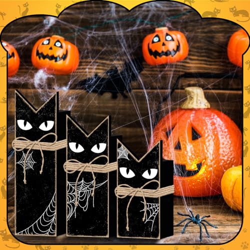 Halloween Black Cat Wooden Tiered Tray Decor Set - 3 Pack, Rustic Spooky Home Accent
