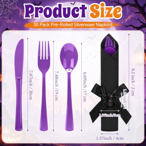 Halloween Spider Themed Disposable Cutlery Set - Black and Purple, 30 Pieces