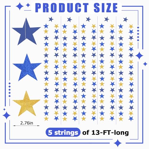 Blue Gold Twinkle Little Star Garland 65ft Party Decor - 5 Pack