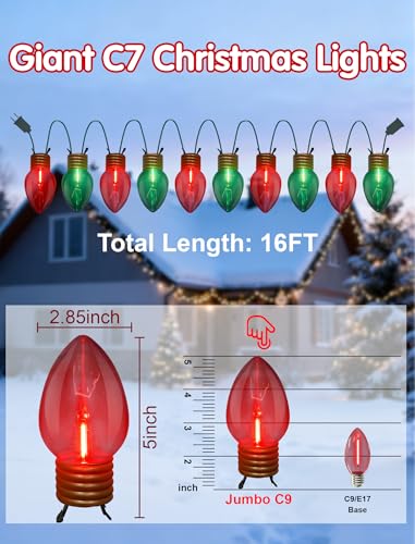 16FT Jumbo Red and Green Christmas Lights Outdoor Giant Christmas Decorations with 10 LED Clear Red Green Bulbs - Variation: LED Clear Red Green