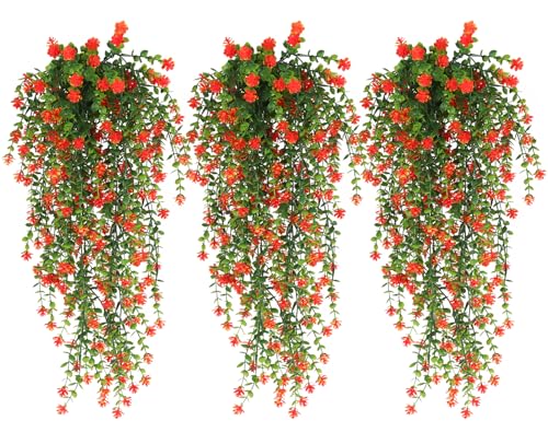 Artificial Hanging Plants Vines - Outdoor Greenery Decor - 30 Inch, Set of 3, Orange Red Variation