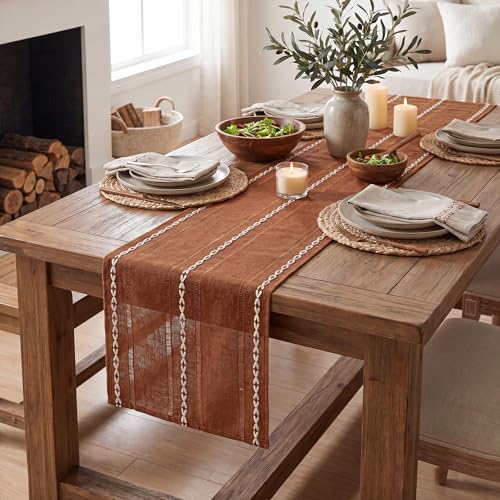 Caramel Rustic Cotton Linen Table Runner 13x72 Inch - Fall Embroidered Decor
