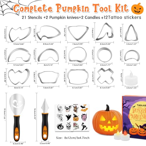Pumpkin Carving Kit with Stainless Steel Tools, Cookie Cutters, Flameless Candles & Stickers for Halloween