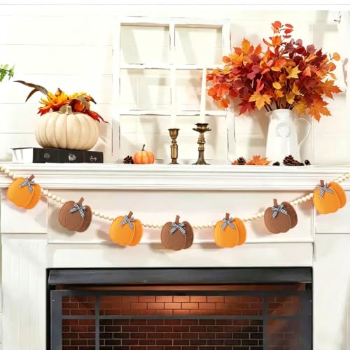 Fall Felt Pumpkin Garland with Beads - Buffalo Plaid & Natural Wood Decor
