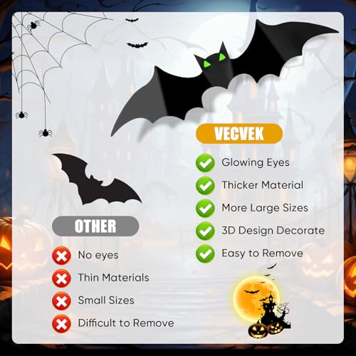 100Pcs Halloween 3D Bat Wall Decorations with Glow Eyes - Spooky Black Stickers for Indoor Decor
