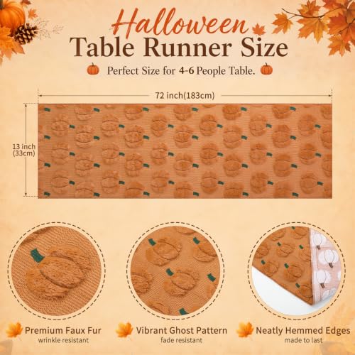 Caramel Pumpkin Faux Fur Halloween Table Runner 13x72 Inch - Fall Decor - Pumpkin Design