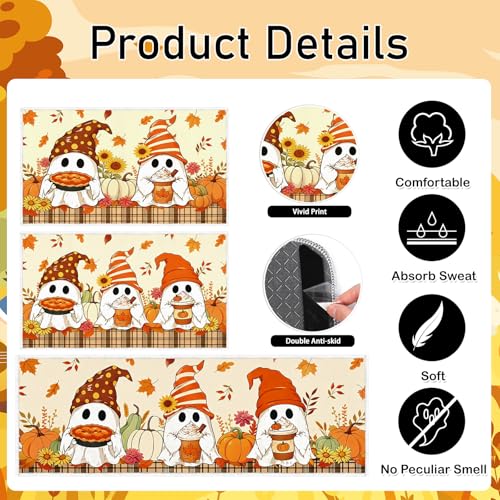 Fall Ghost Pumpkin Kitchen Mat Set of 2 Non Slip Washable Rug, Autumn Halloween Decor
