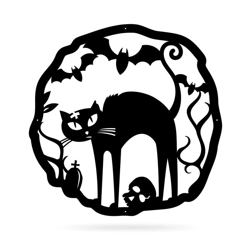 Halloween Cat Wreath Metal Door Sign - Black & Orange Fall Front Door Decor - 22 Inch - Reversible, Weather-Resistant, Handmade Halloween Wall Art - Made in USA