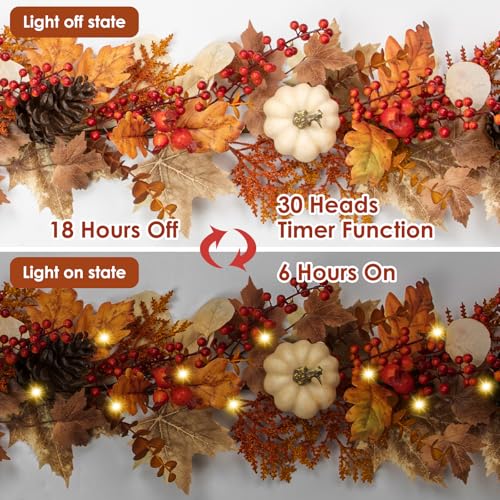 6ft Fall Garland with Lights and Pumpkins - Brown Autumn Decor