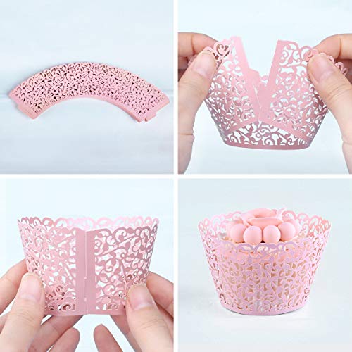 Pearl Lace Filigree Wedding Cupcake Toppers - Pink, 50 pcs