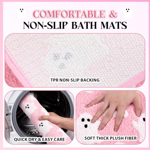 Pink Halloween Ghost Bathroom Rugs and Towels Set - 4 Piece Decor
