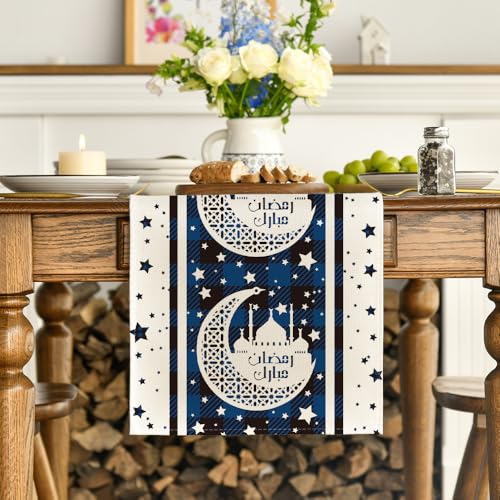 Blue Black Plaid Moon & Stars Ramadan Table Runner 13x72 Inch Seasonal Kitchen Decor