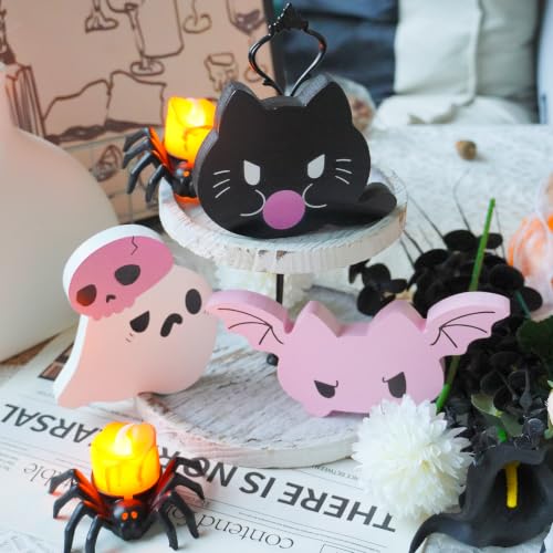 Pink Halloween Decor Set - 3pcs Cute Ghost Bat Cat Centerpieces, Multicolor