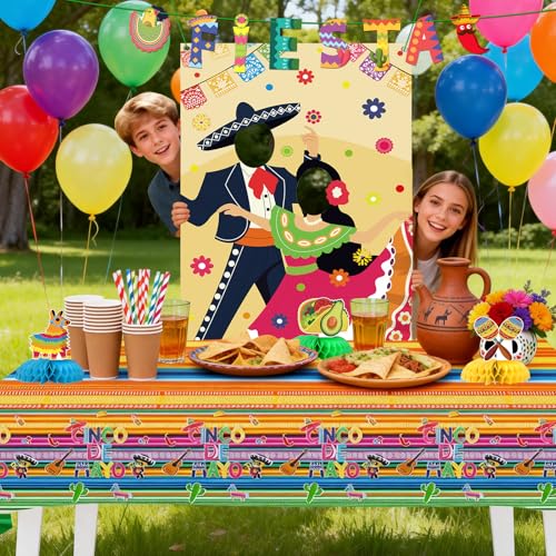 Cinco De Mayo Backdrop & Party Decorations Set - 6x3 ft Banner, Tablecloth, Props
