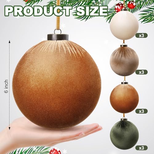 12-Pack Large Velvet Christmas Ornaments - Flocked Shatterproof Xmas Tree Balls - 6 Inch Green & Brown Variation