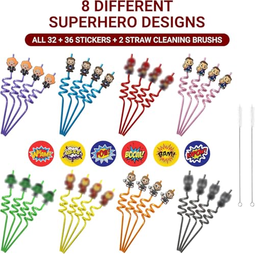 32-Pack Reusable Superhero Drinking Straws with Stickers for Kids Party Favors