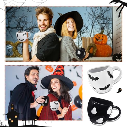Halloween Coffee Mug Set - 14 oz Ceramic Ghost & Bat Cups, Spooky Holiday Drinkware