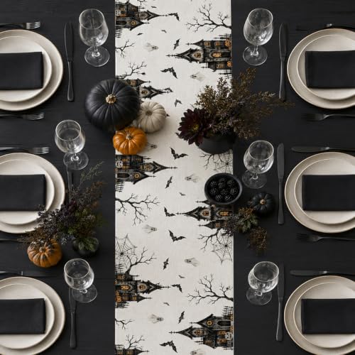 Haunted Castle Halloween Table Runner 13x72in for Home Decor - Orange Pumpkins & Ghosts