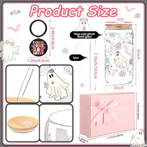 Retro Halloween Ghost Gift Set - Pink Ghost Flower Glass, Flannel Blanket & Keychain