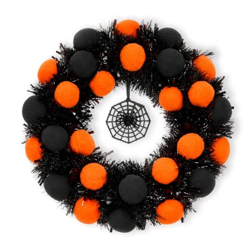 18-Inch Halloween Wreath for Front Door - Black & Orange, Foldable Halloween Decor