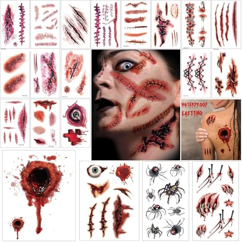 Halloween Wound Simulation Tattoo Stickers - 26 Waterproof Fake Injury Sheets