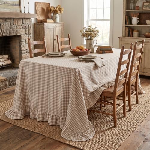 Taupe Gingham Ruffled Tablecloth 60 x 120 Inch - Rectangular Vintage Farmhouse