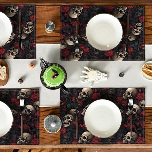 Halloween Skull Rose Placemats - Washable Heat-Resistant Table Mats for Parties & Decor - Style1