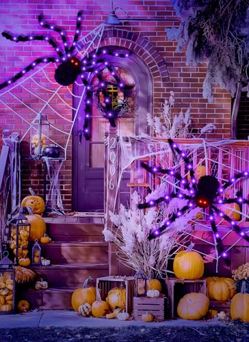 Black Halloween Spider Decorations 59 Inch Lighted Fake Spiders 2 Pack