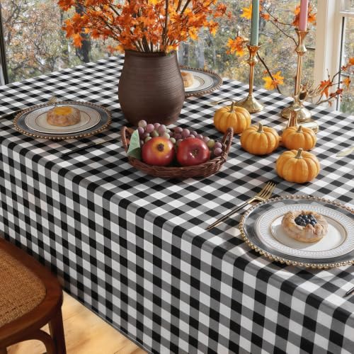 Vinyl Plaid Tablecloth 60x120 Inch Black and White Waterproof Stain-Resistant Rectangular