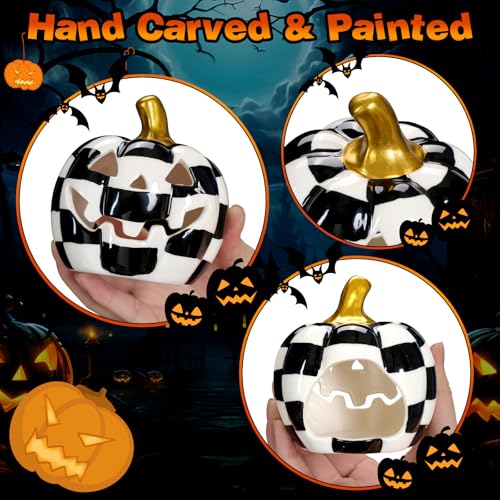 3 Pack Ceramic Pumpkin Lanterns with Tea Lights - Halloween Decor Set - Variation of 3