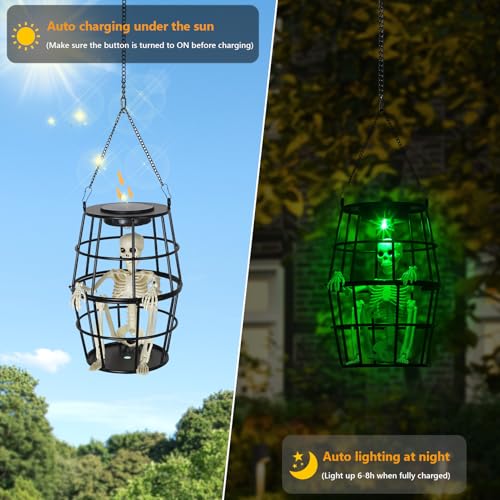 Solar-Powered Halloween Hanging Ghost Skeleton Set of 2 with Multi-Color Auto-Change