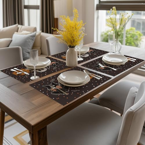 Black Ghost Cat Vinyl Placemats Set of 4 - Washable Heat Resistant Table Decor